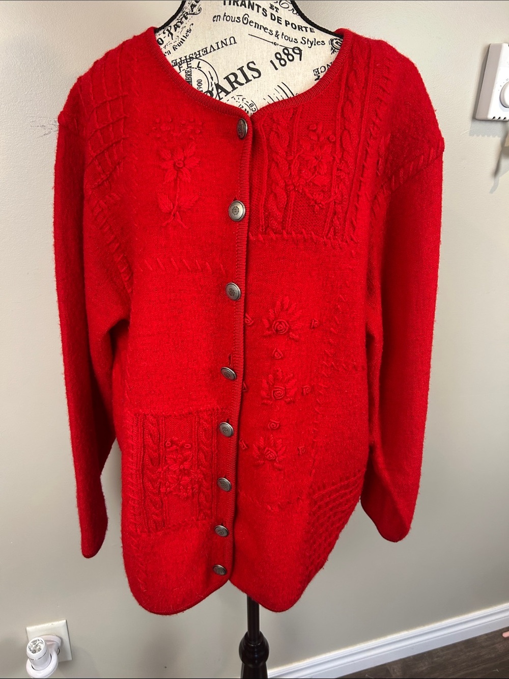 Vintage Climax by Sacha Red Wool Embroidered Cardigan Sweater Medium